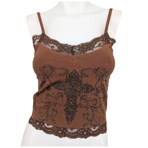 Y2K Brown Lace Trim Cross Tank Top Graphic Gothic Fairy Grunge Whimsigoth Size S